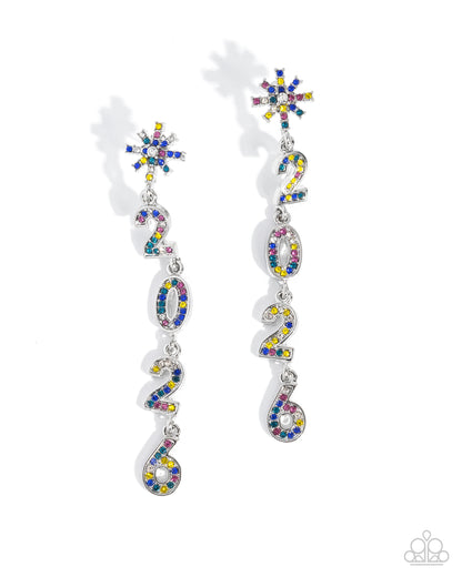 Pair of colorful '2021' earrings on a white background