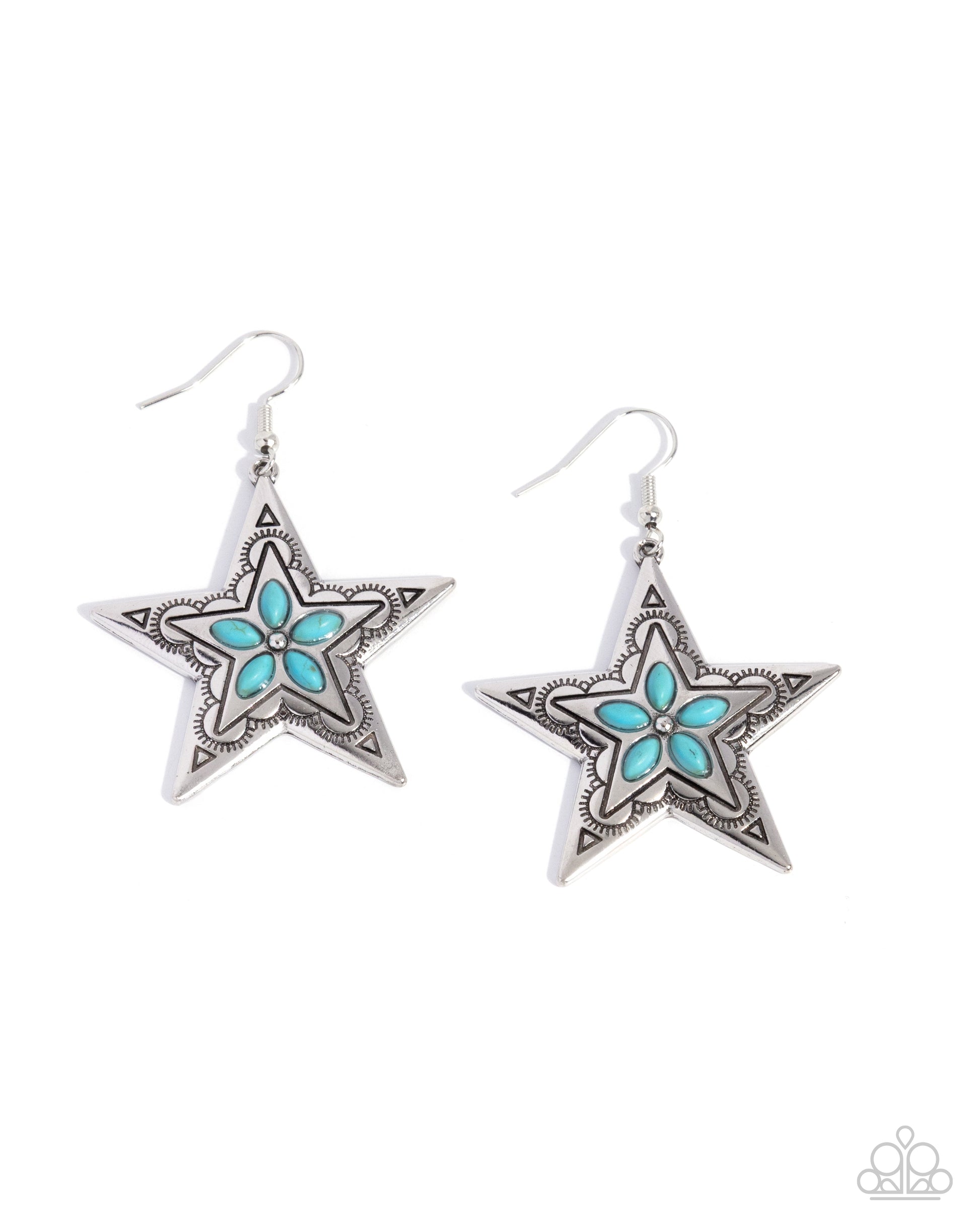 Star-shaped earrings with turquoise centers on a white background