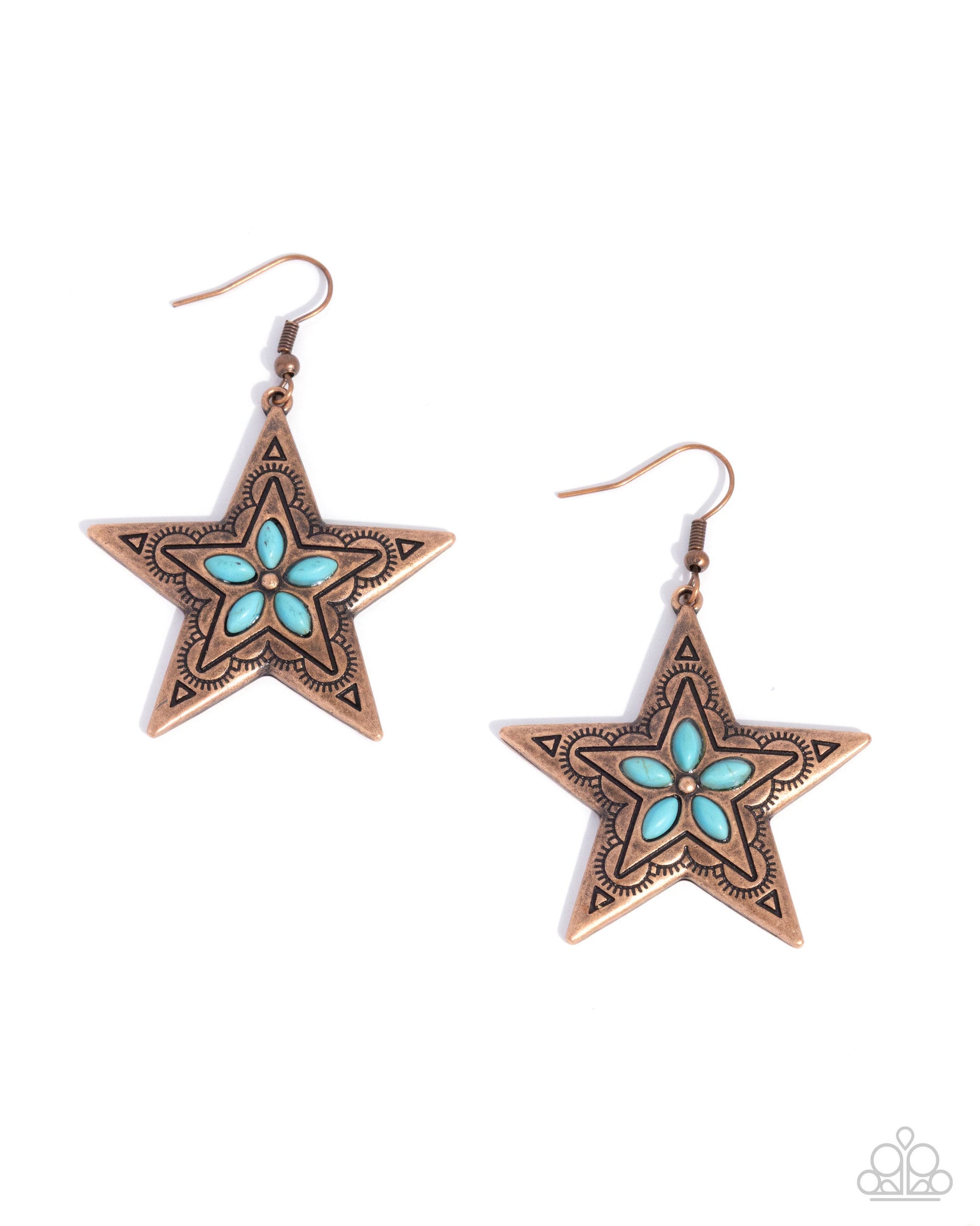 Star-shaped earrings with turquoise center and bronze border on a white background