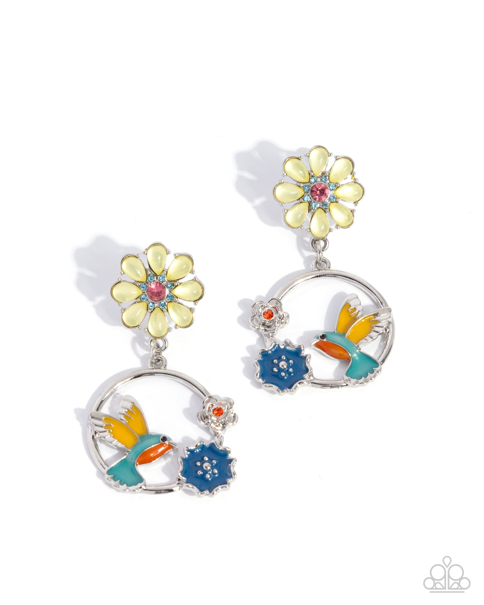 Colorful bird and flower earrings on a white background
