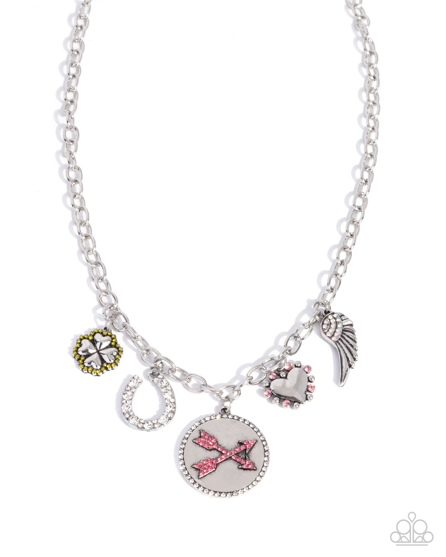 Necklace with various charms on a white background