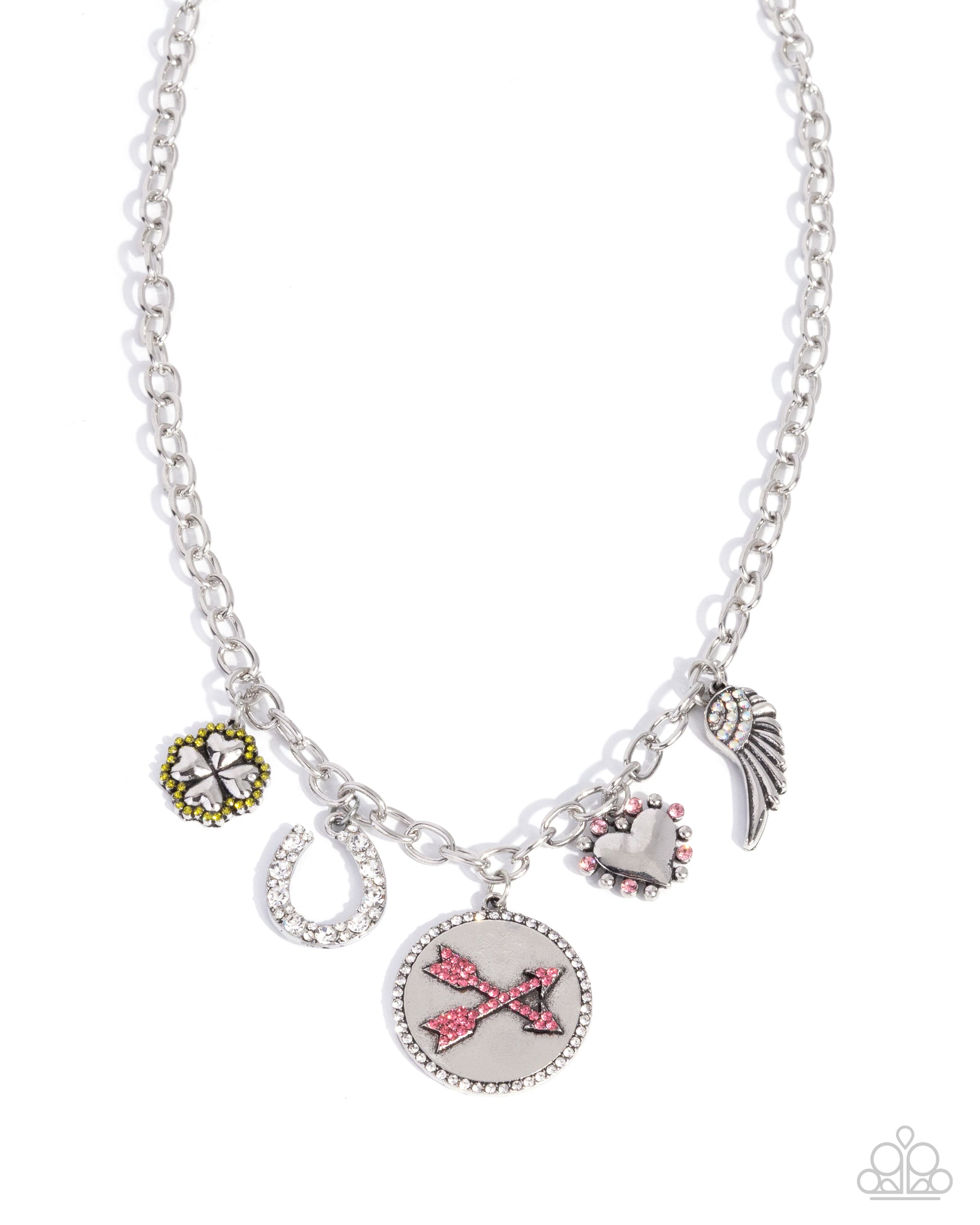 Necklace with various charms on a white background