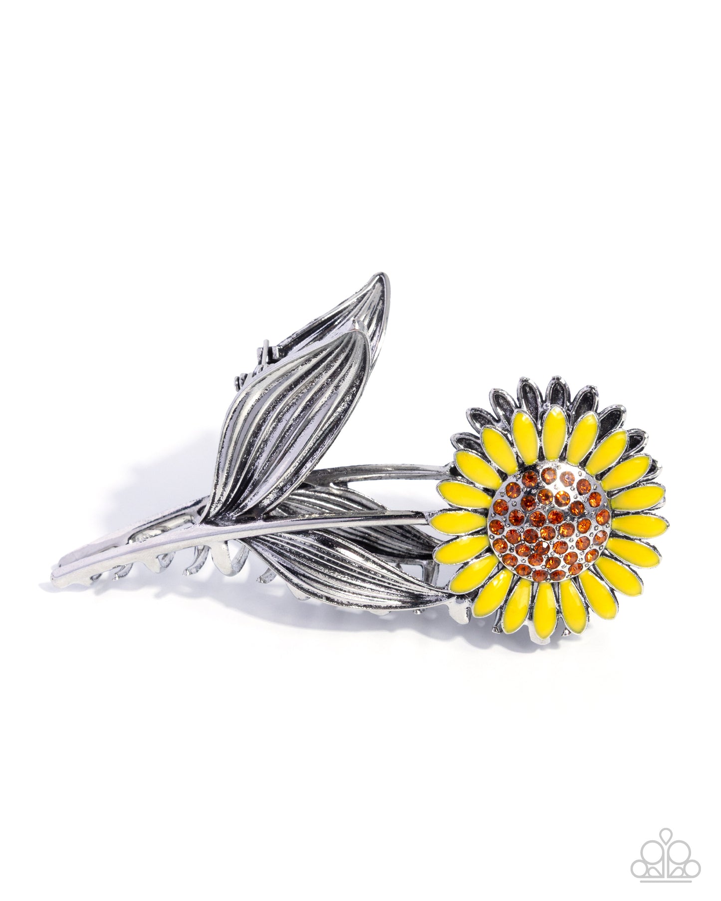 Silver and yellow sunflower hair clip on a white background