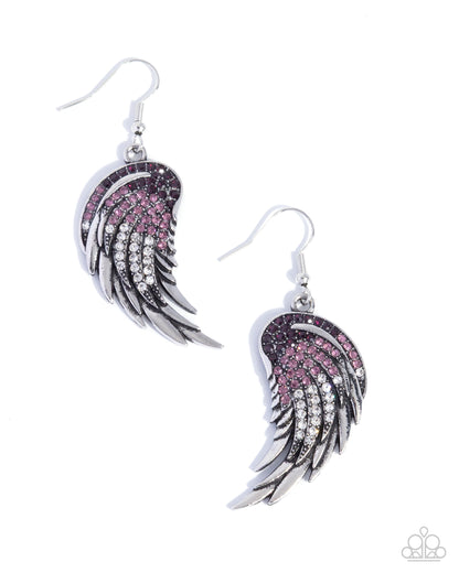 Winged earrings with pink and silver design on a white background