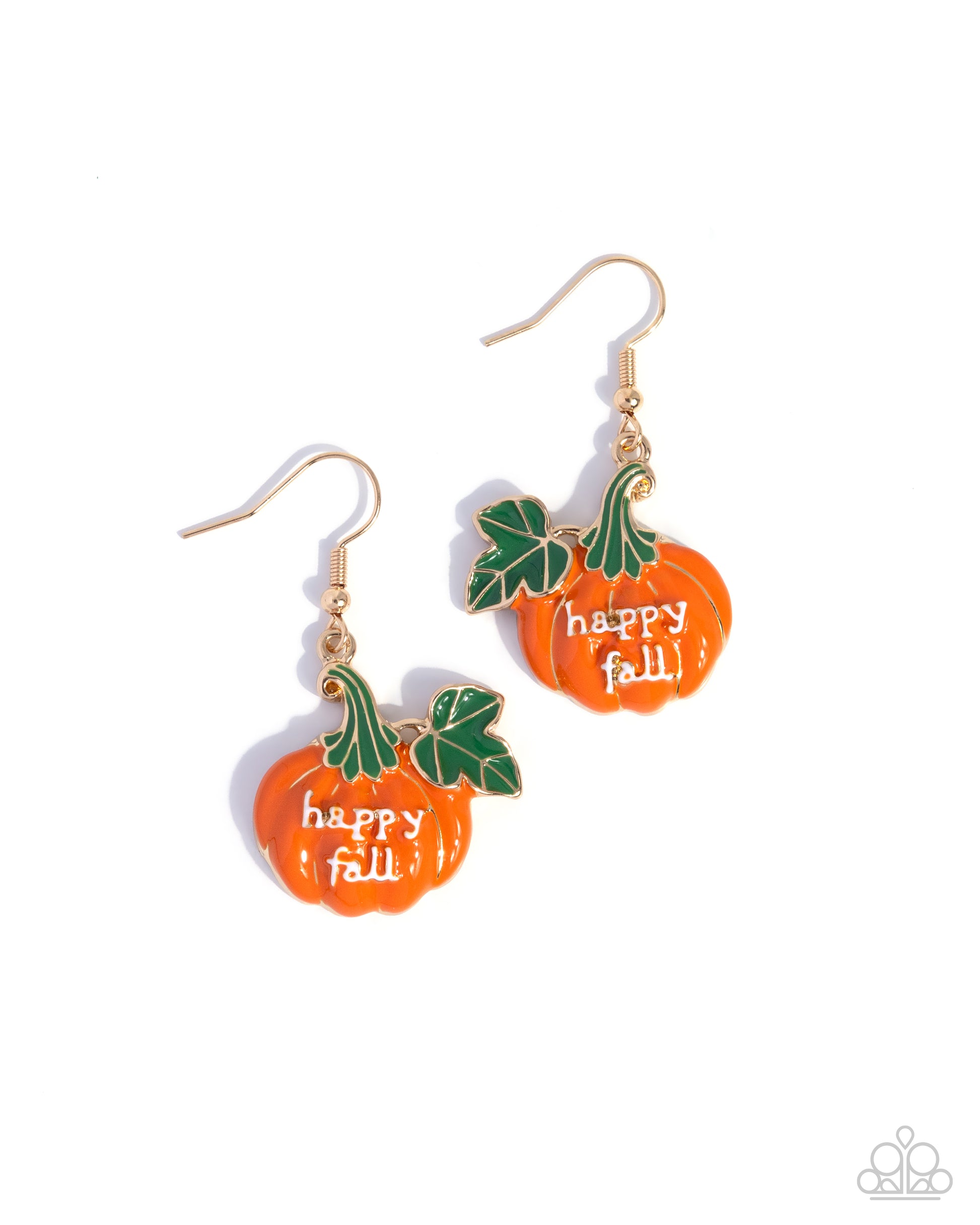 Pumpkin-shaped earrings with 'happy fall!' text on a white background