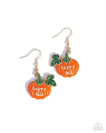 Pumpkin-shaped earrings with 'happy fall!' text on a white background