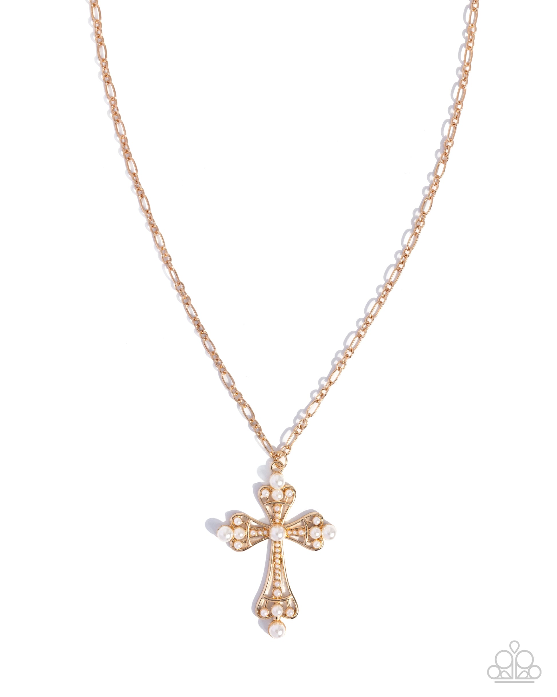 Gold cross necklace on a white background