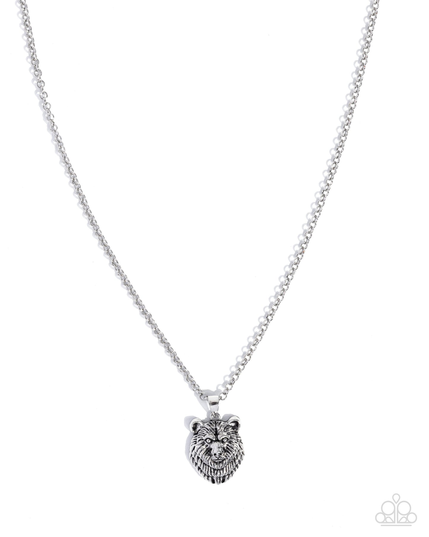 Silver lion head pendant necklace on a white background