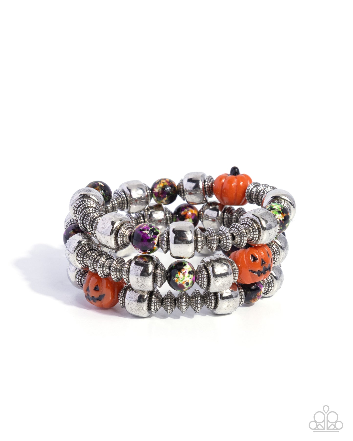 Stack of Halloween-themed beaded bracelets on a white background