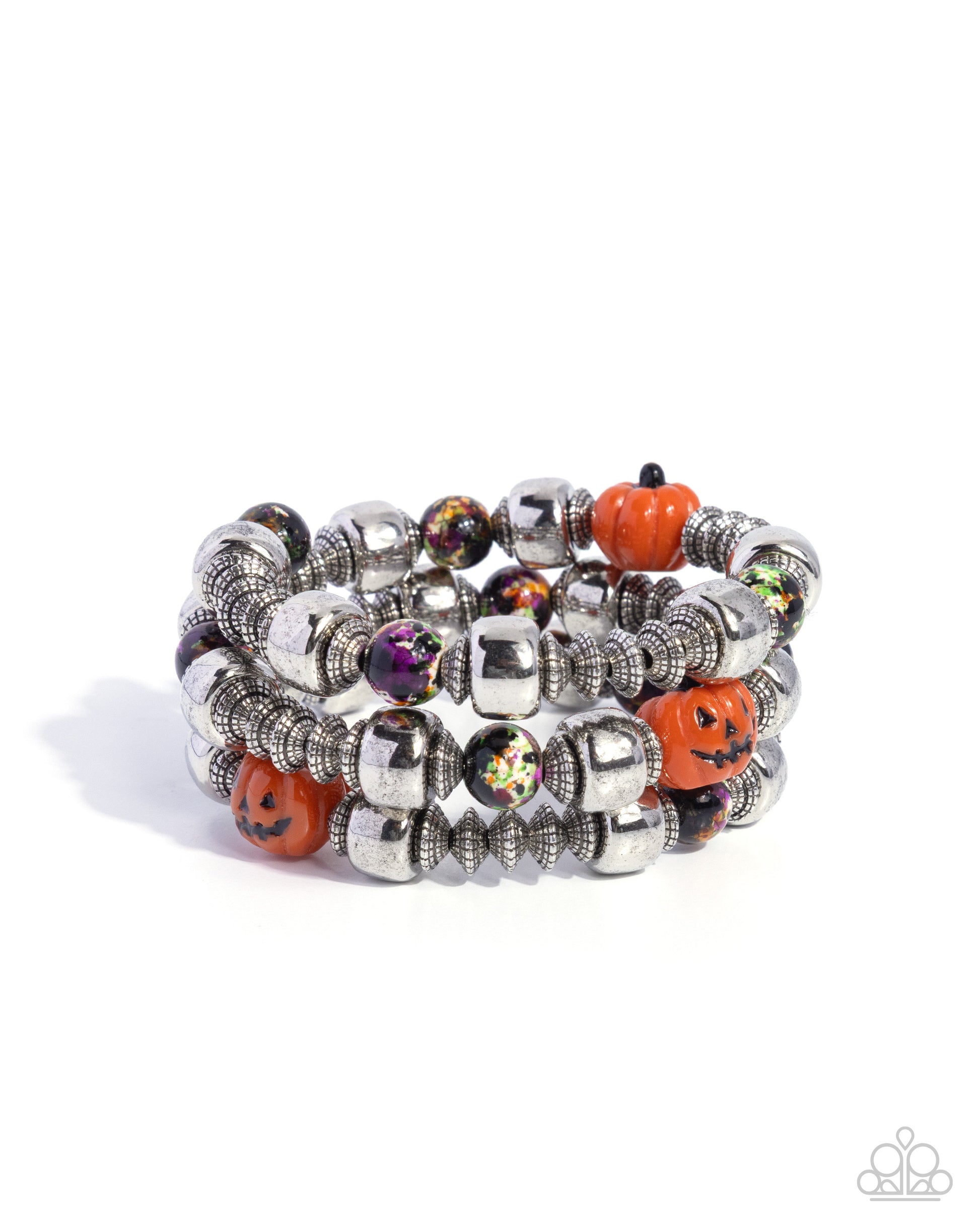 Stack of Halloween-themed beaded bracelets on a white background