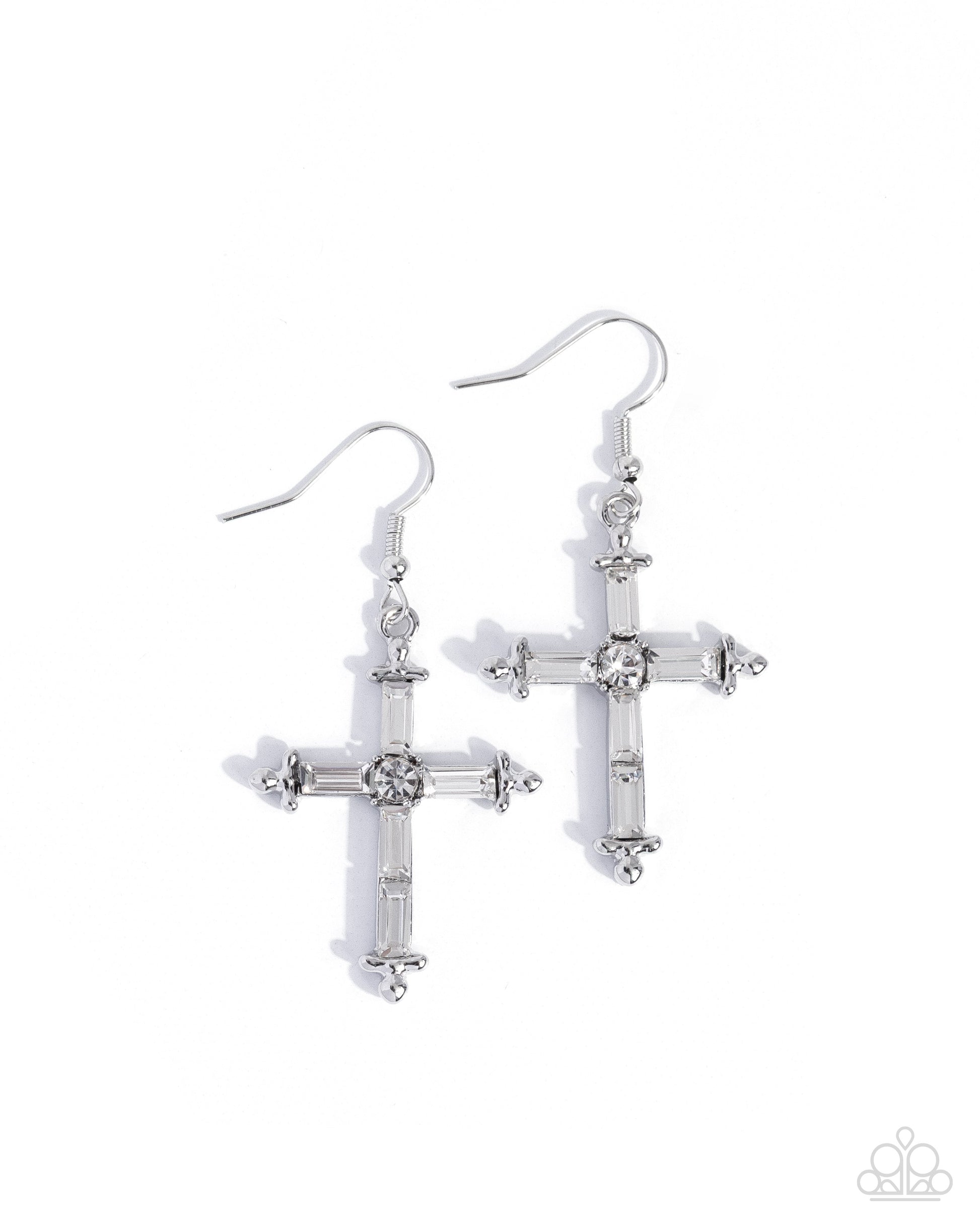 Silver cross-shaped earrings on a white background