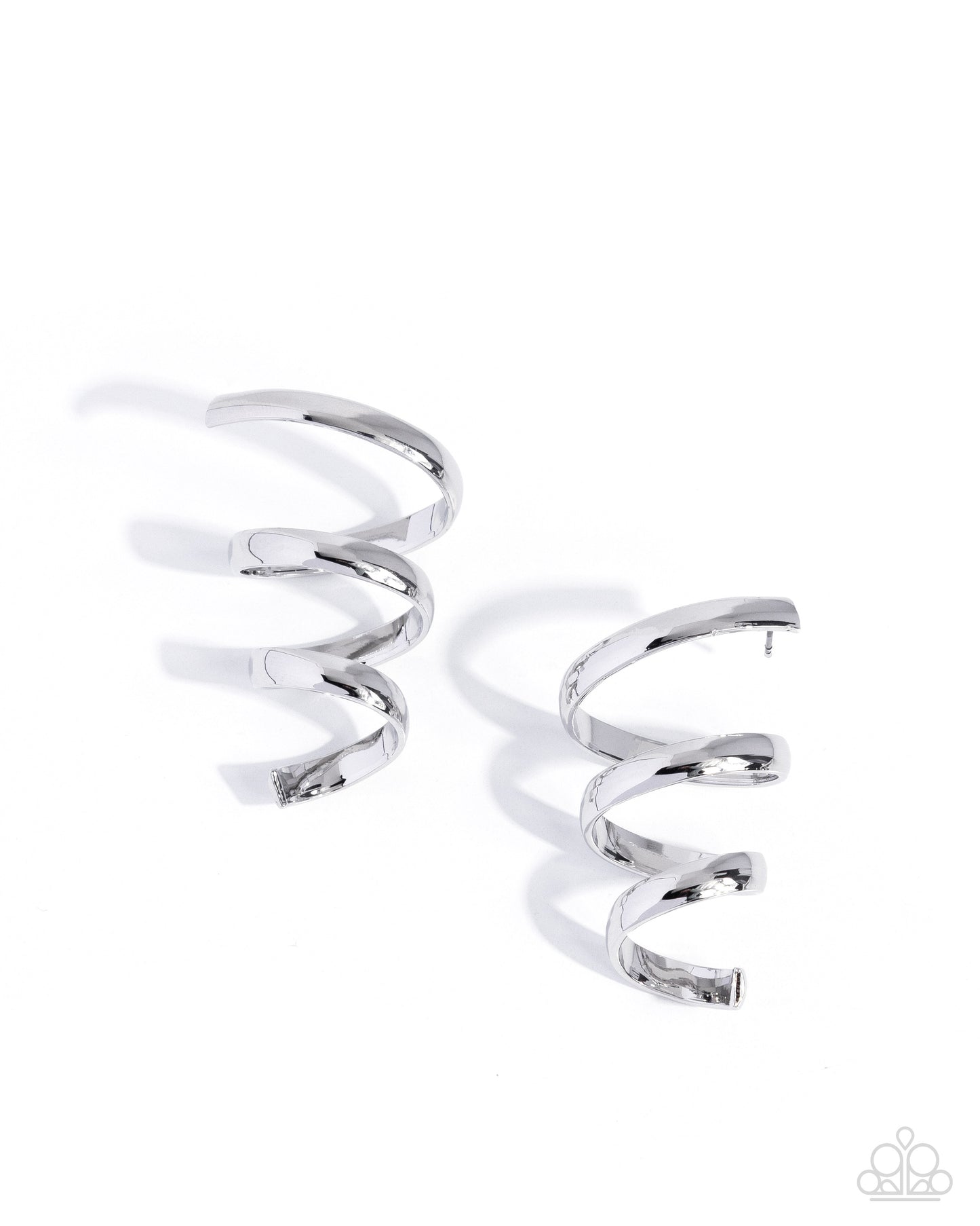 A pair of silver spiral wrap hoop earrings on a clean white background.