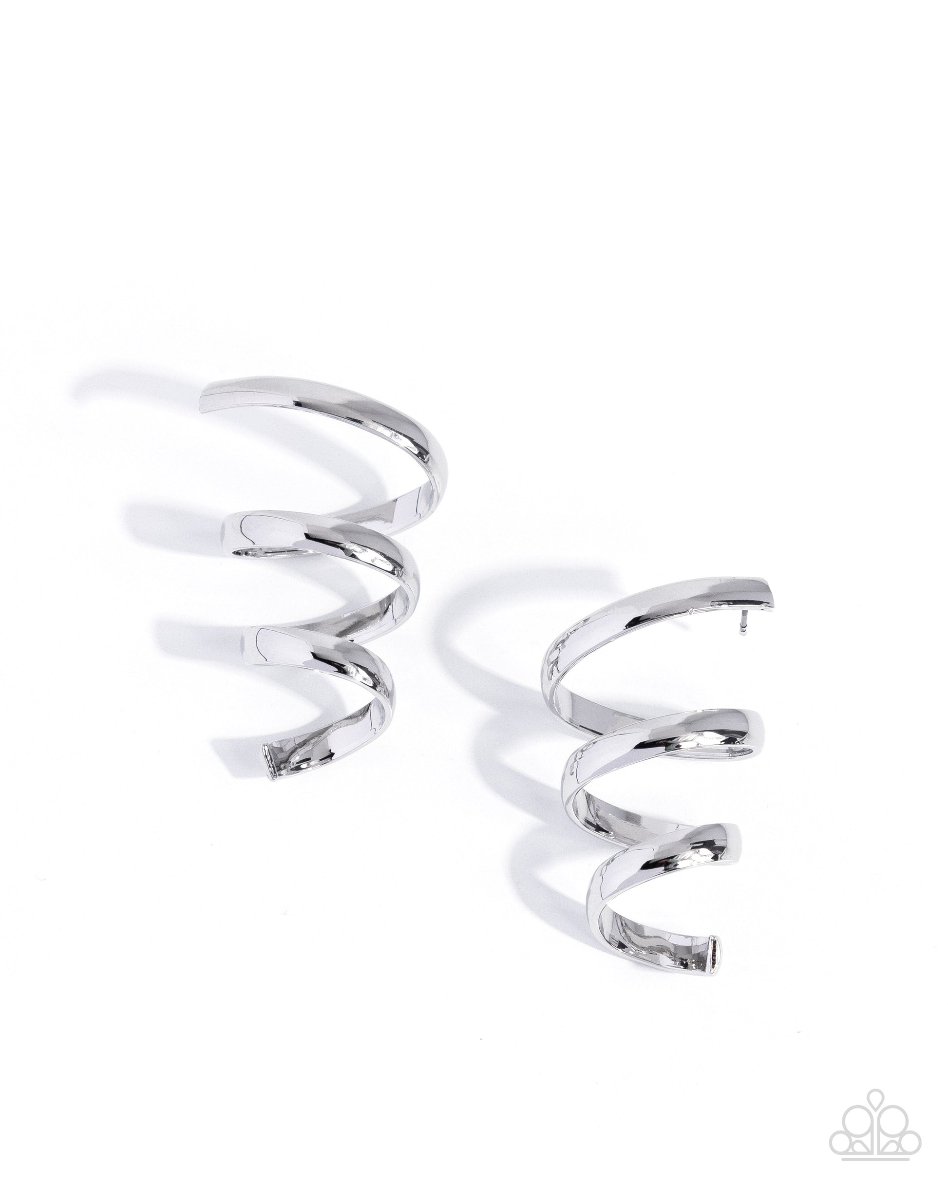 A pair of silver spiral wrap hoop earrings on a clean white background.