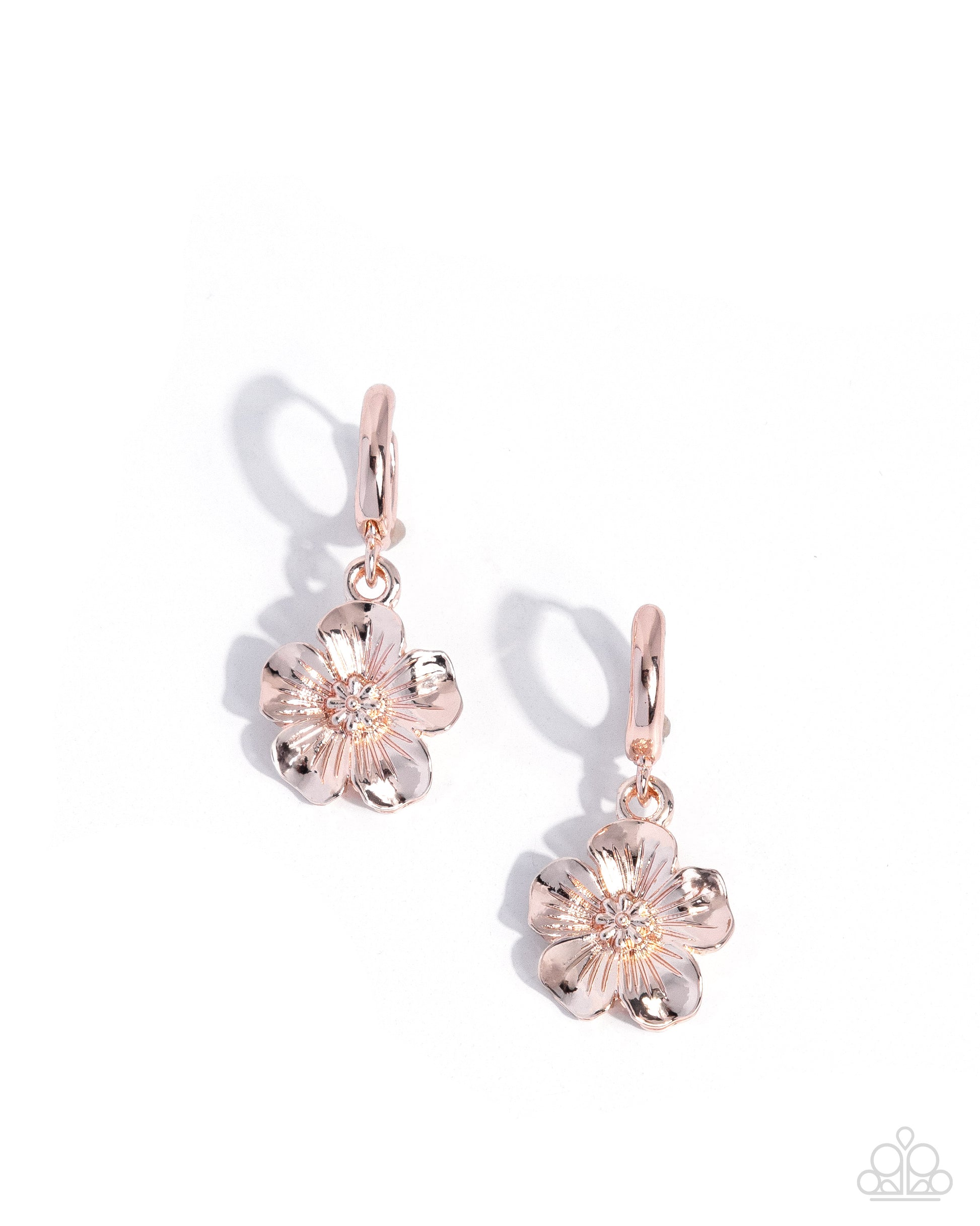 A pair of rose gold flower drop earrings with clear rhinestone centers, displayed on a clean white background.