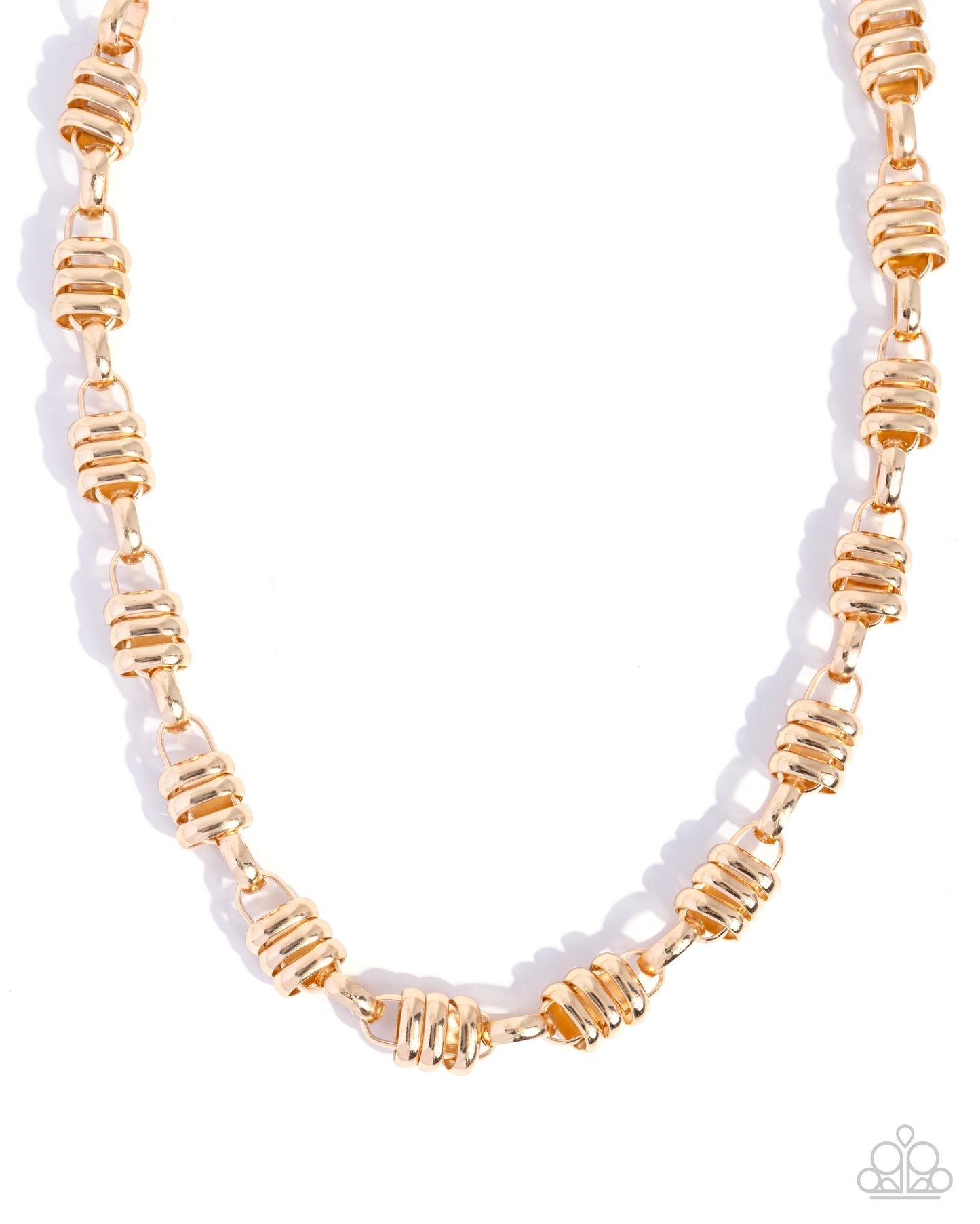 Gold beaded necklace on a white background