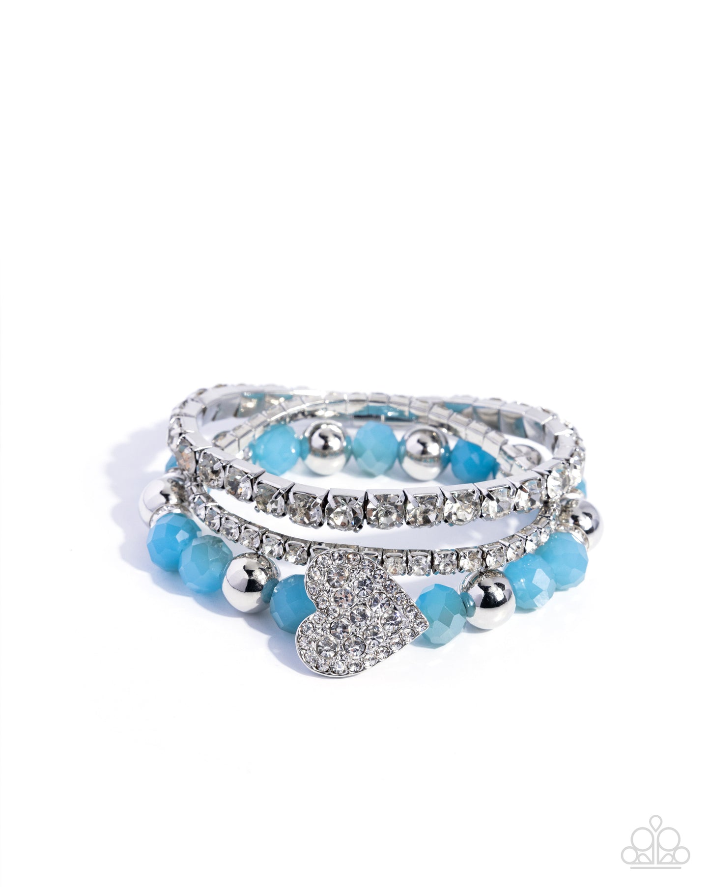 Stack of blue and silver beaded bracelets on a white background