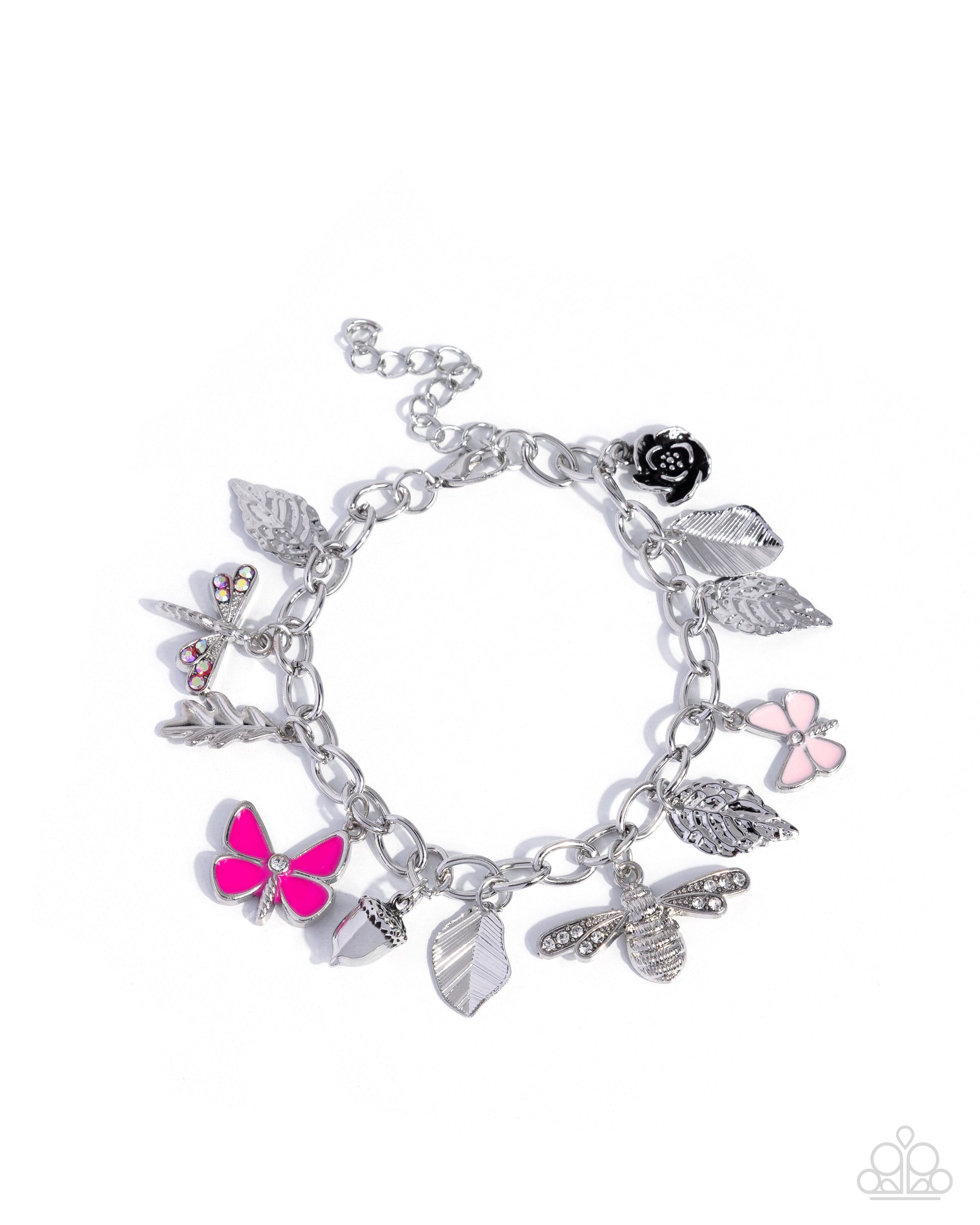 Silver charm bracelet with butterfly, leaf, and bee charms on a white background