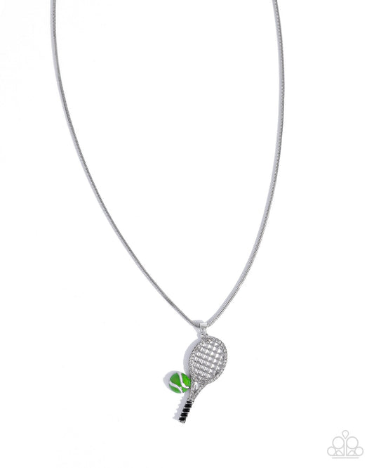 Tennis Champ green tennis ball and silver rhinestone racket necklace with matching earrings
