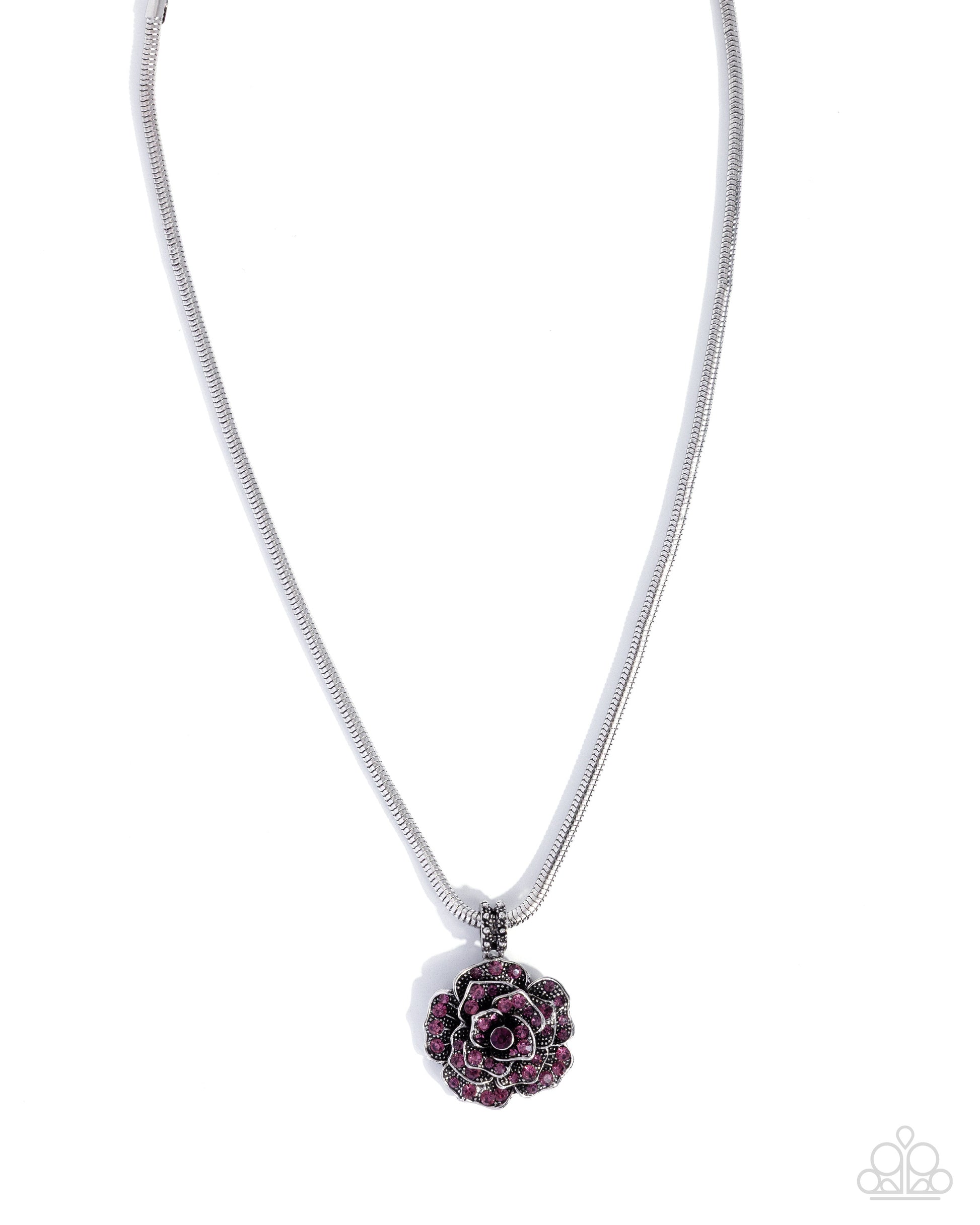 Necklace with a purple flower pendant on a white background