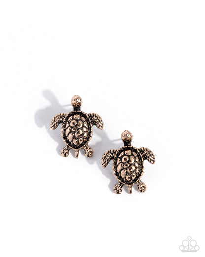 Bronze turtle-shaped earrings on a white background