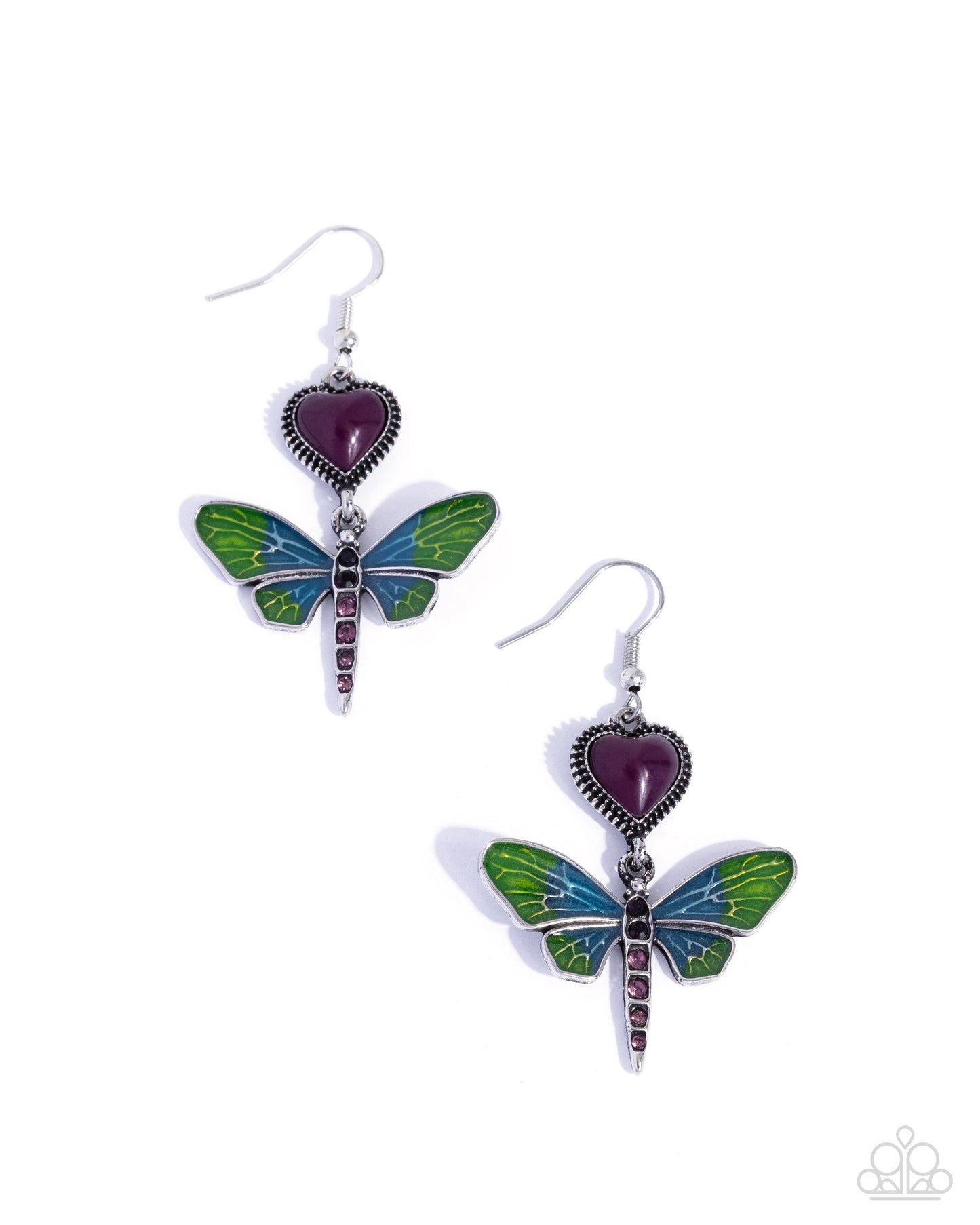 Butterfly-shaped earrings with green wings and purple heart accents on a white background