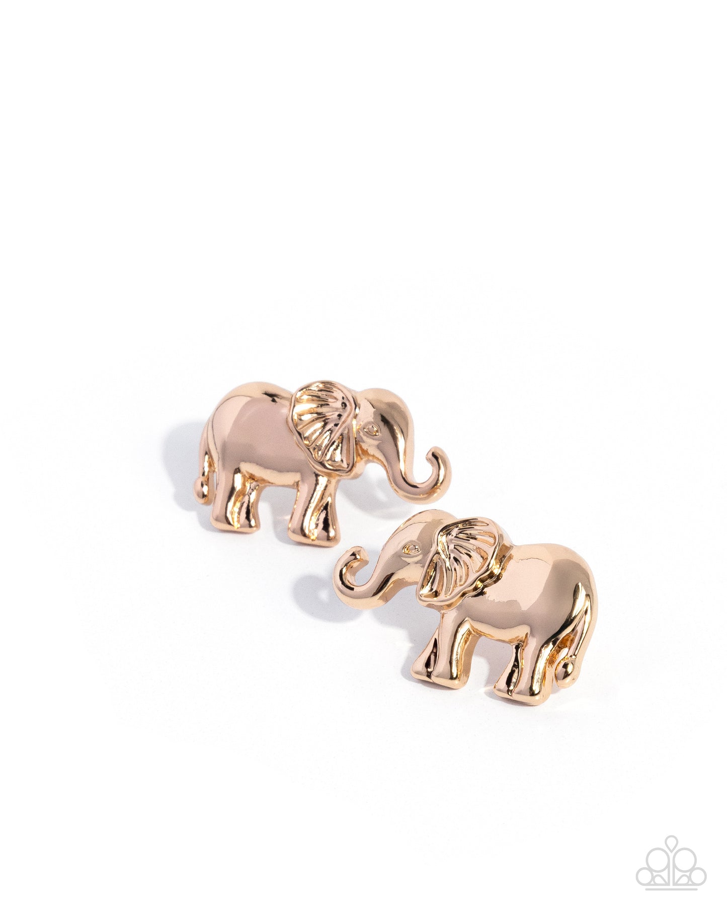 Rose gold elephant-shaped earrings on a white background