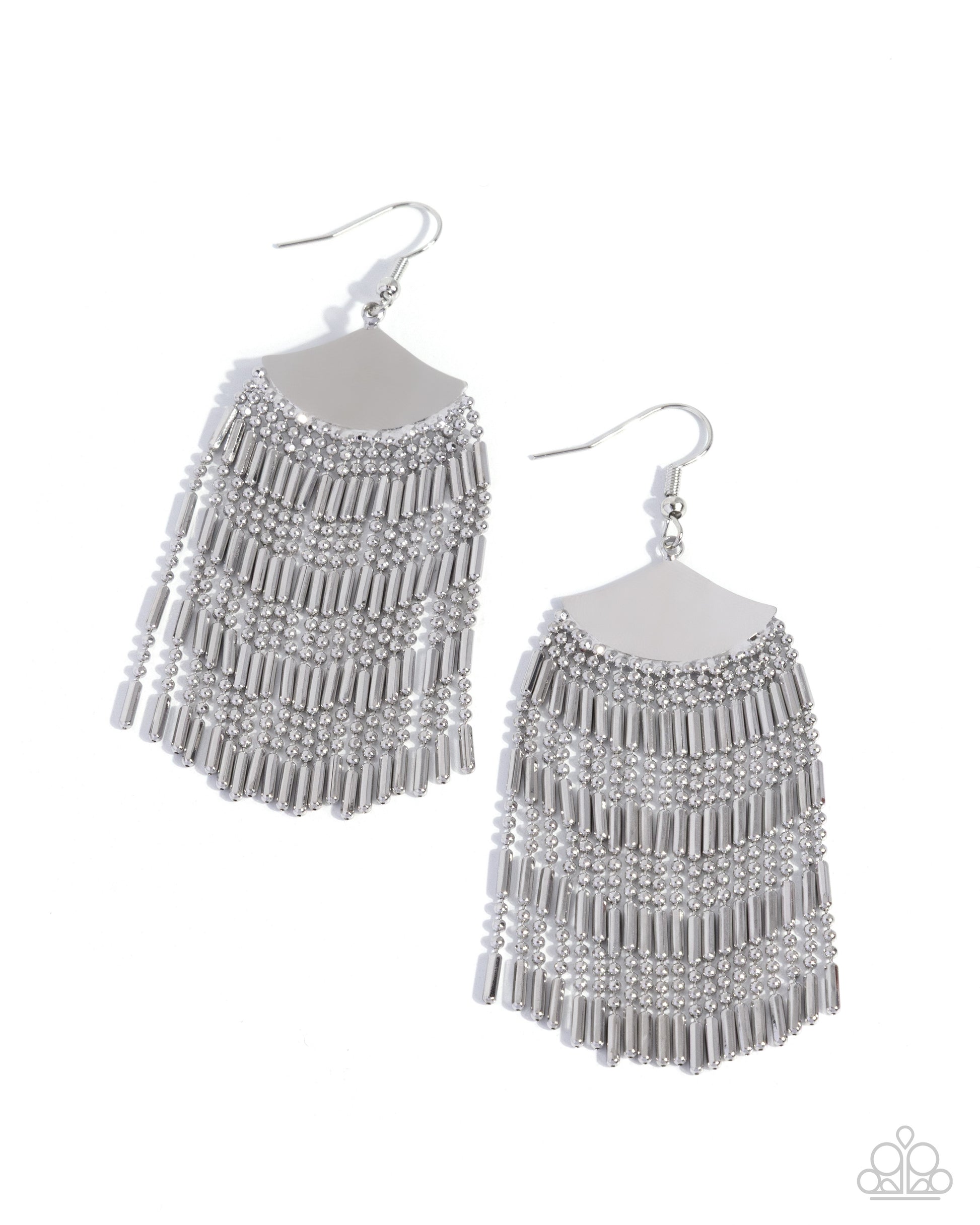 Pair of silver fringe earrings on a white background