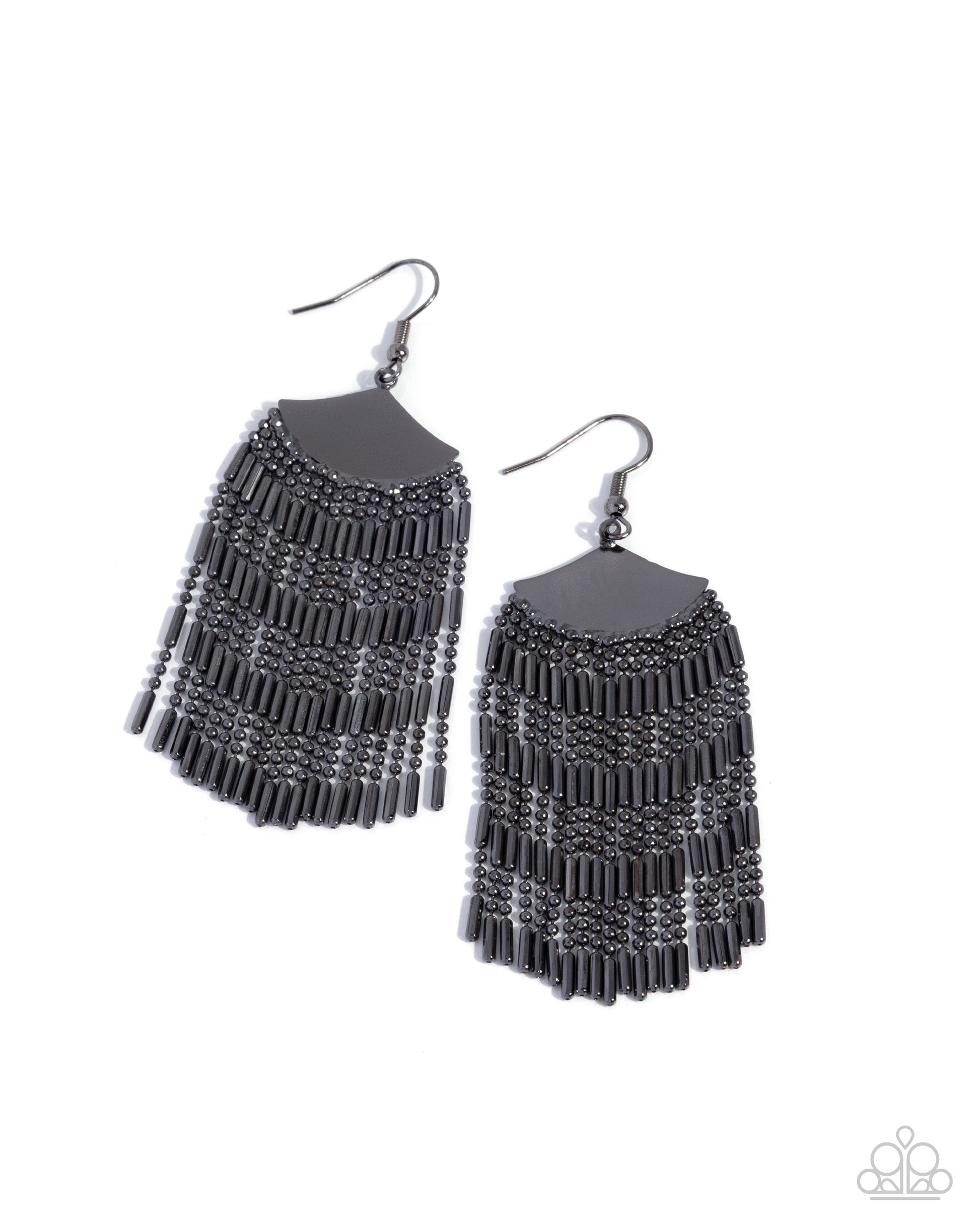 Pair of black fringe earrings on a white background