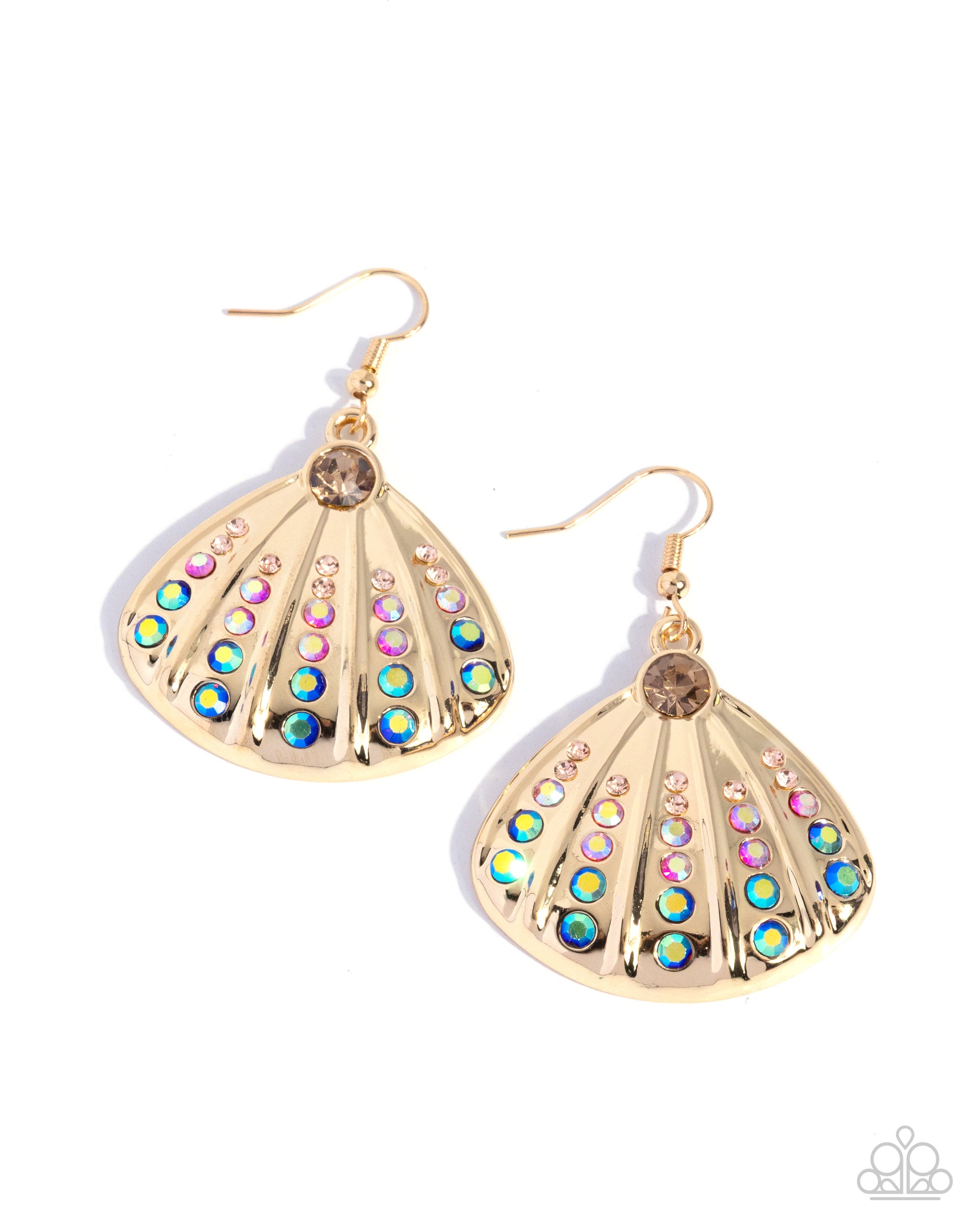 Gold shell-shaped earrings with colorful gemstones on a white background