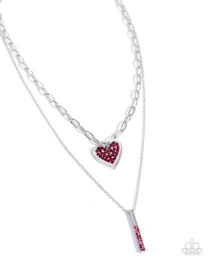 Two silver necklaces with heart and bar pendants on a white background