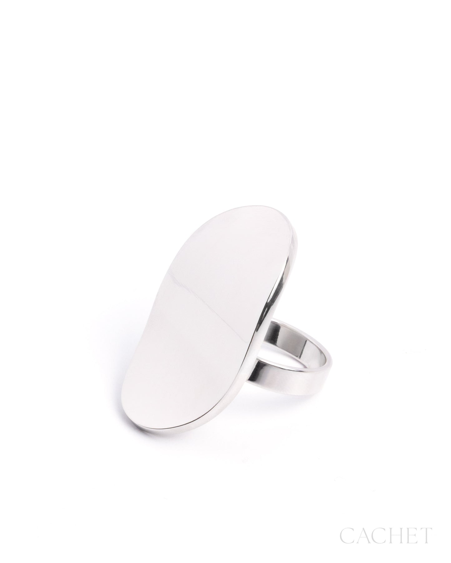 Silver ring with a flat, oval-shaped top on a white background