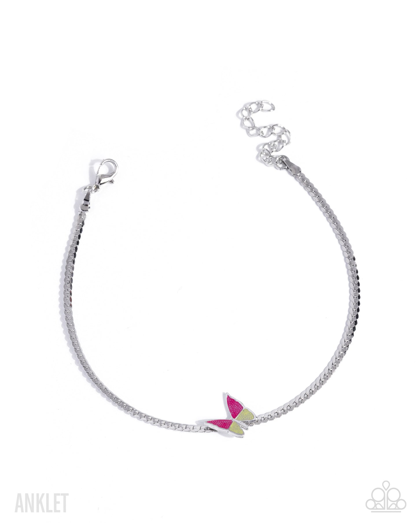 Silver anklet with a colorful butterfly charm on a white background