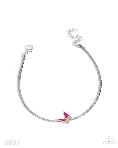 Silver anklet with a colorful butterfly charm on a white background