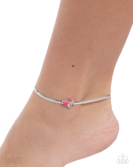 Silver anklet with a pink butterfly charm on a white background