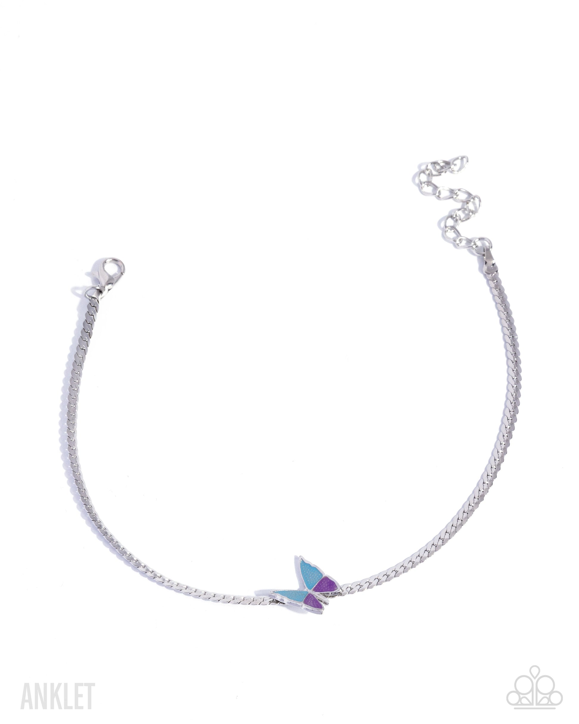 Silver anklet with a colorful butterfly charm on a white background