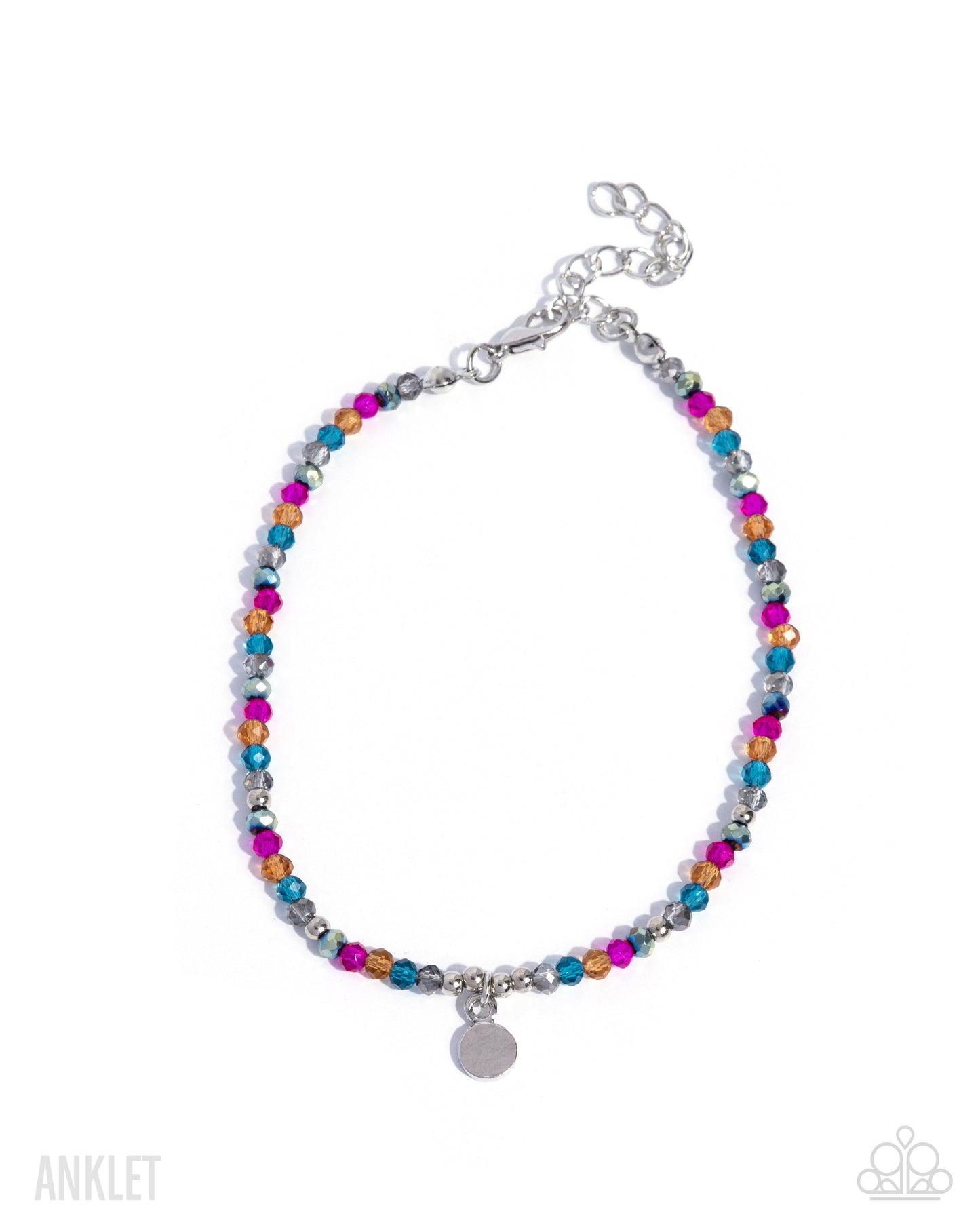 Colorful beaded anklet with silver chain on a white background