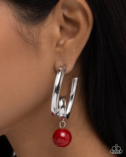Larger Than LEISURE red bead silver hoop earrings side view