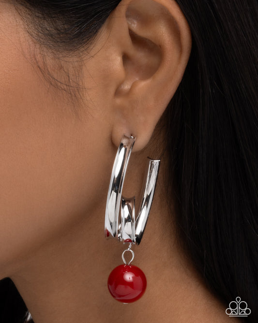 Larger Than LEISURE red bead silver hoop earrings side view