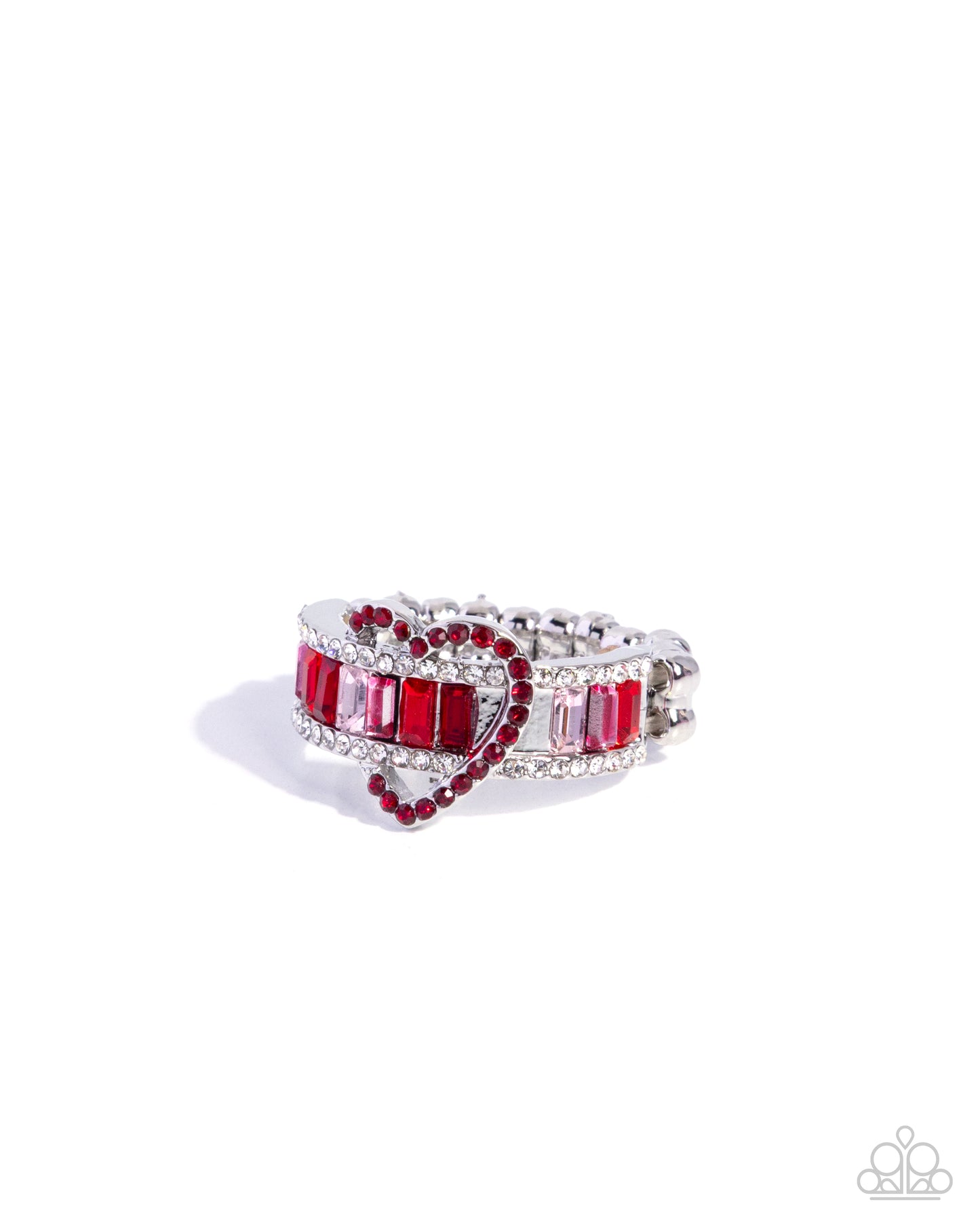 Heart-shaped ring with red gemstones and silver accents on a white background