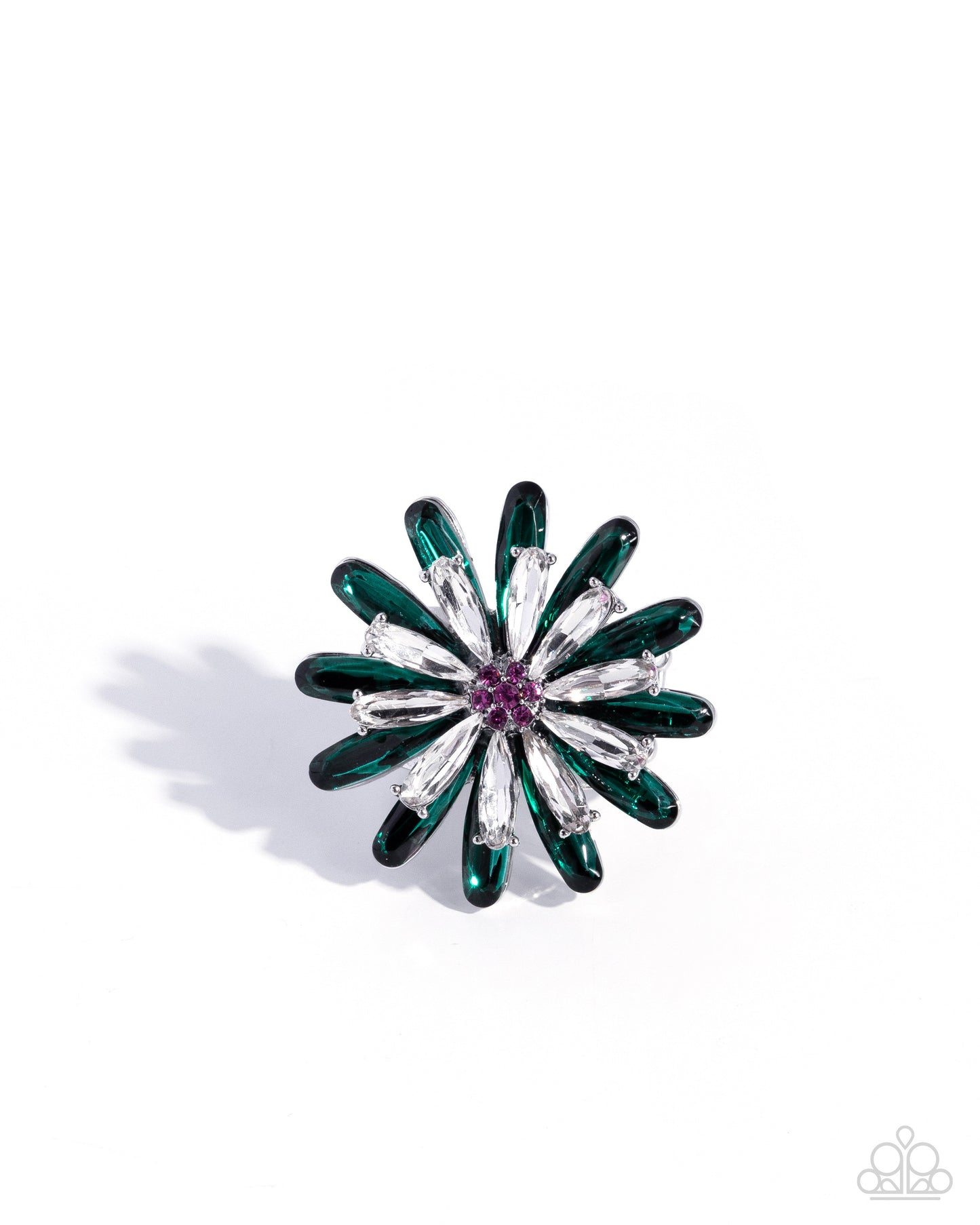 Floral brooch with green, silver, and purple colors on a white background