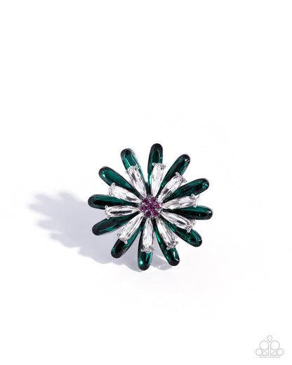 Floral brooch with green, silver, and purple colors on a white background