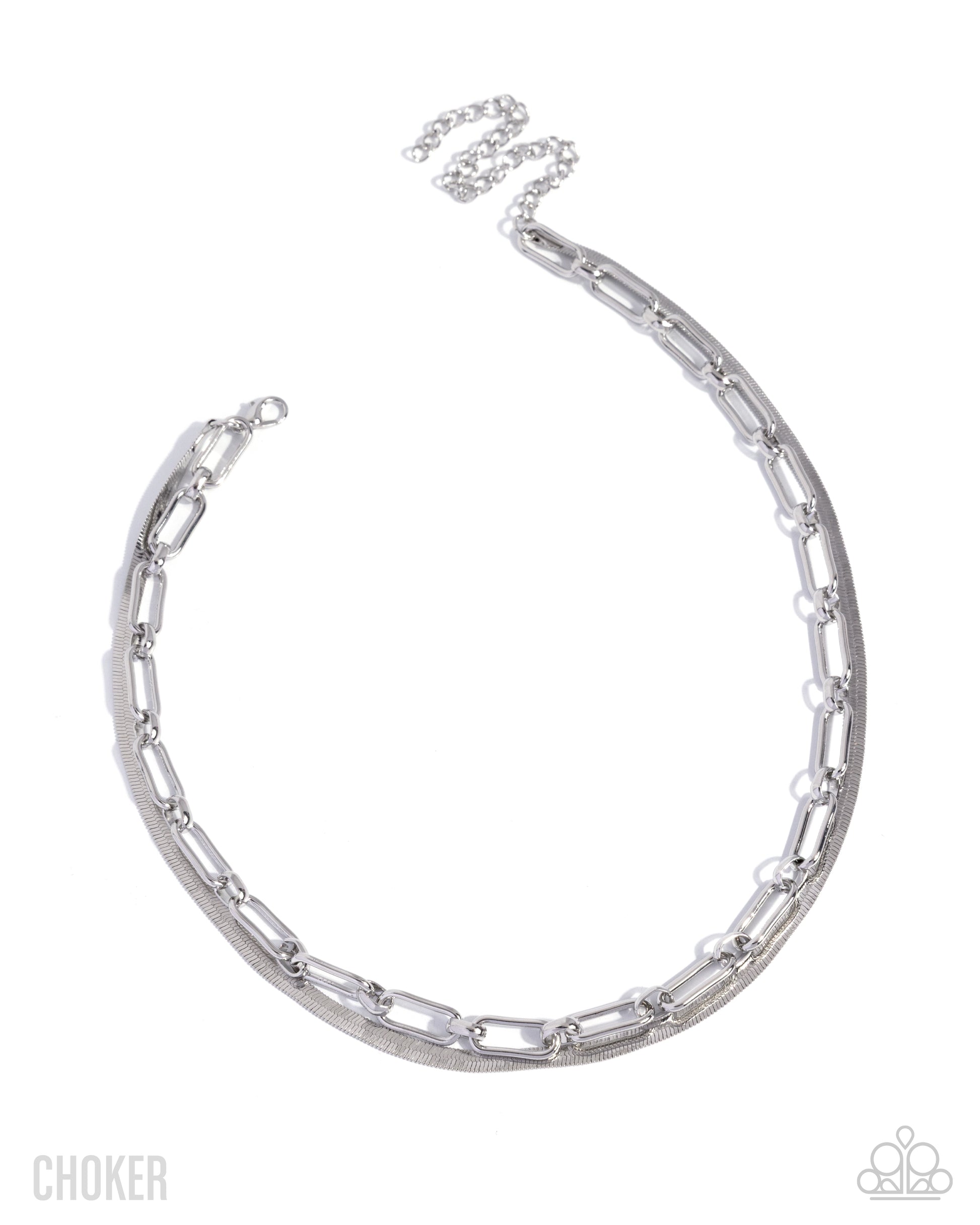 Silver choker necklace on a white background