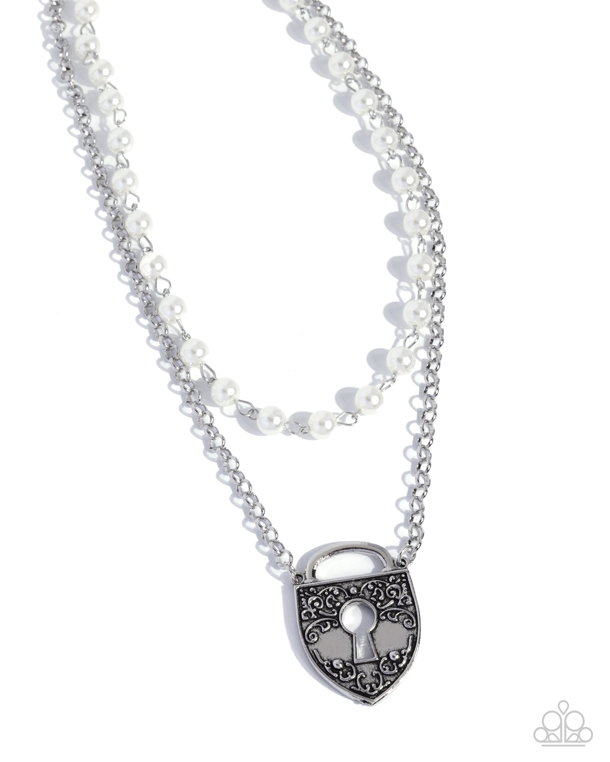 Necklace with a silver padlock charm on a white background
