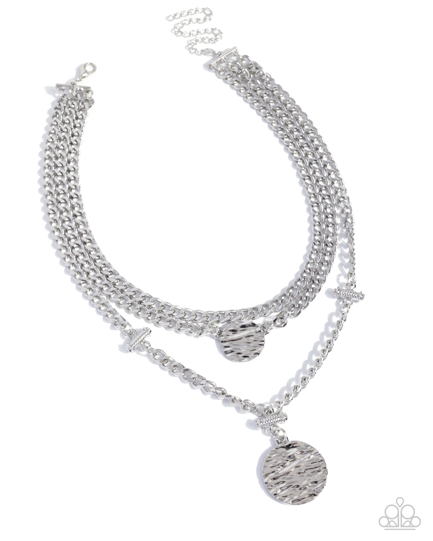 Silver chain necklace with various pendants on a white background