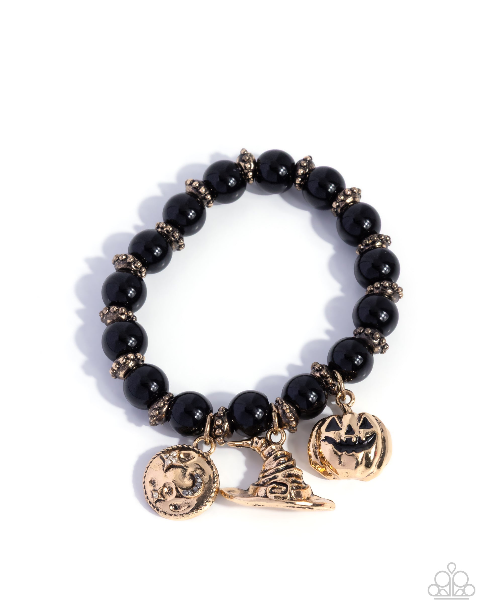 Black beaded bracelet with gold accents and pumpkin charm on a white background