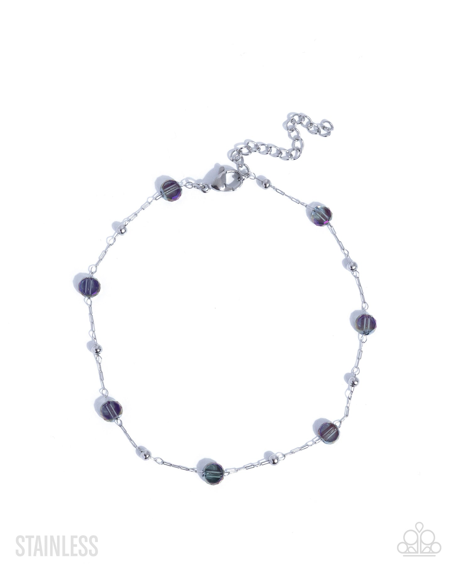Silver bracelet with purple beads on a white background