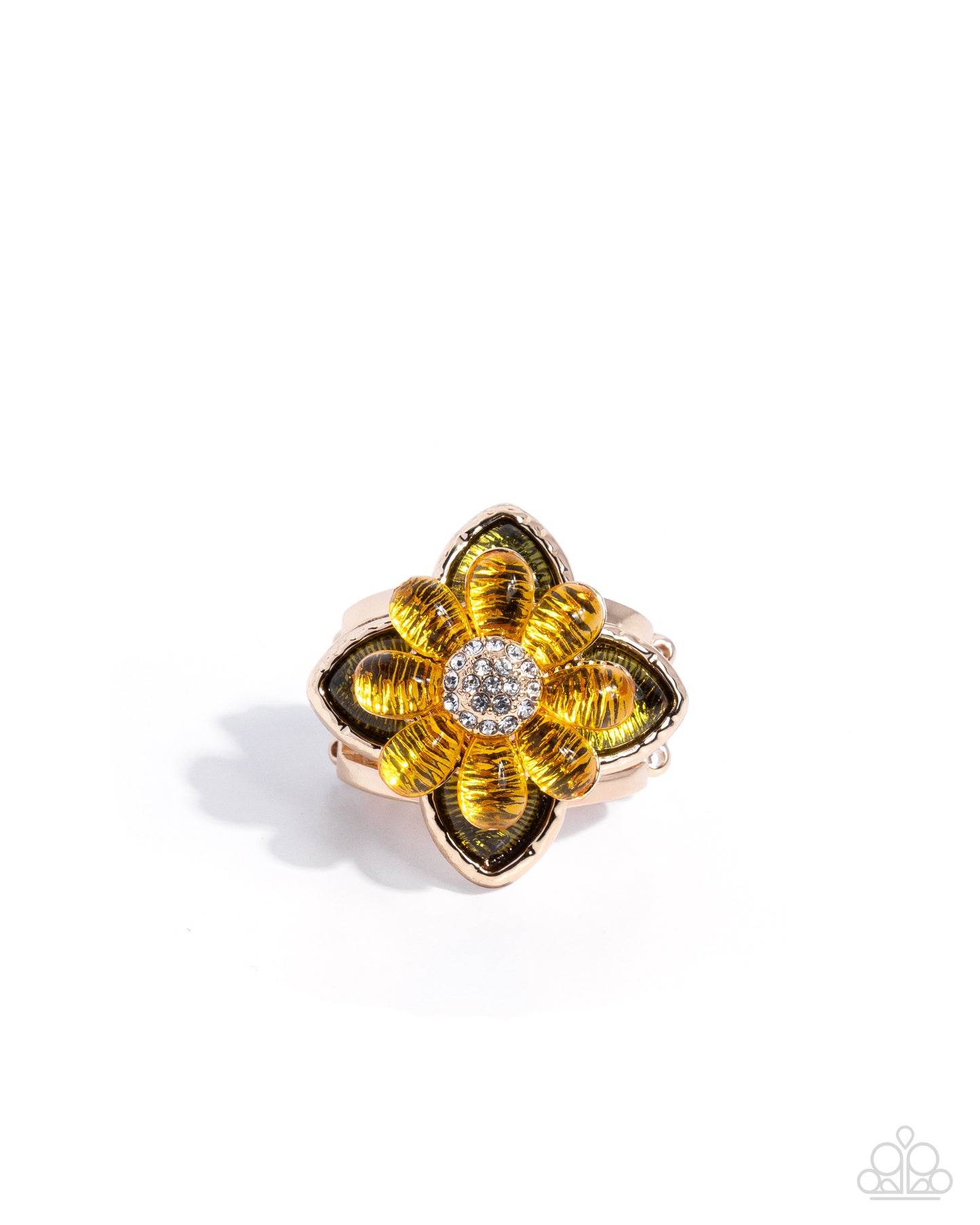 Gold flower-shaped ring with a central diamond on a white background