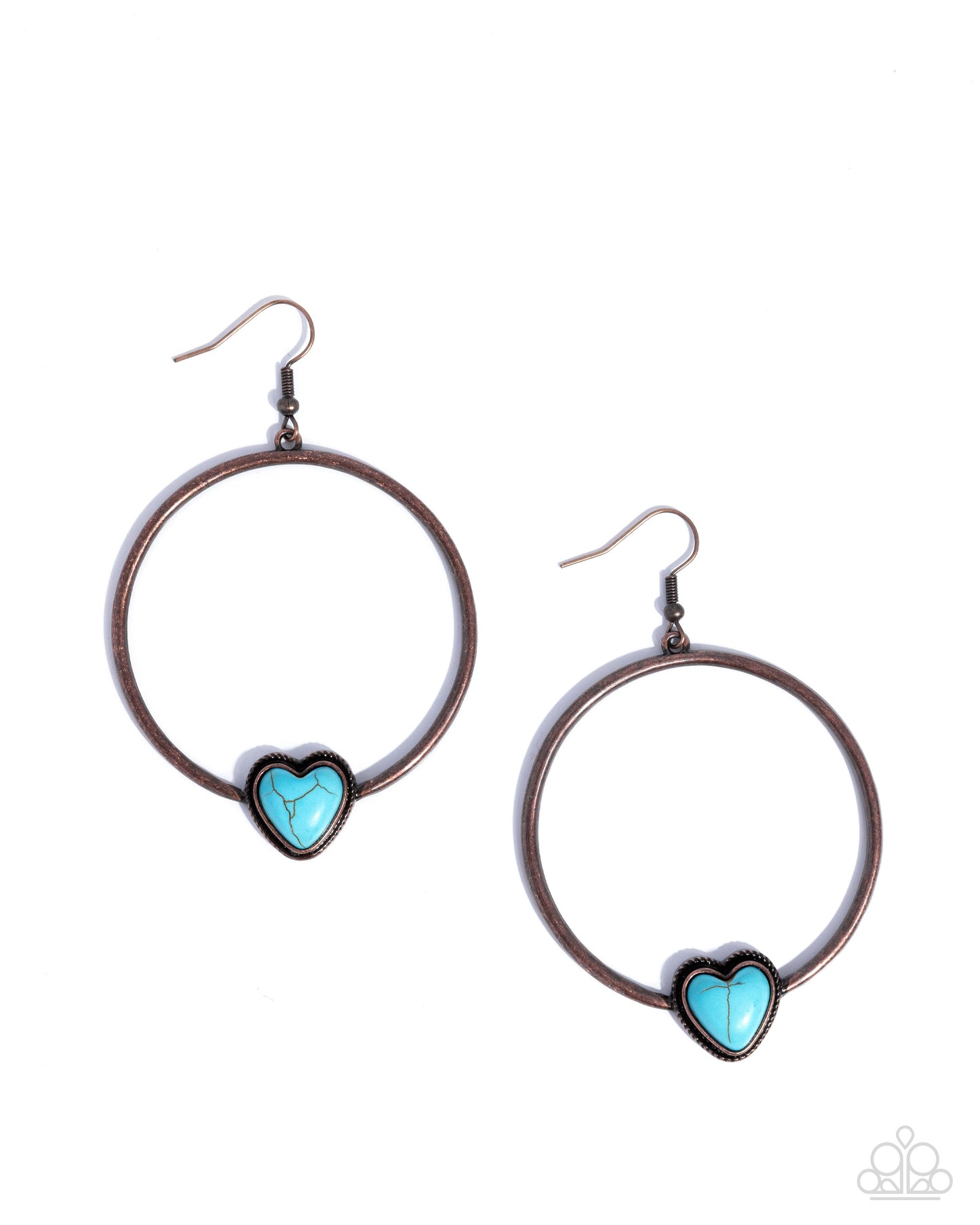 Pair of hoop earrings with turquoise heart stones on a white background