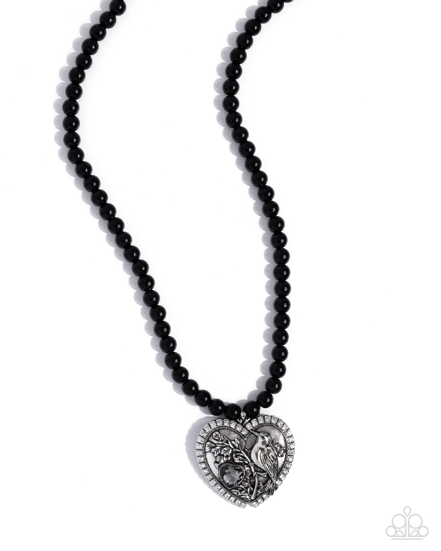 Black beaded necklace with a silver heart-shaped pendant on a white background
