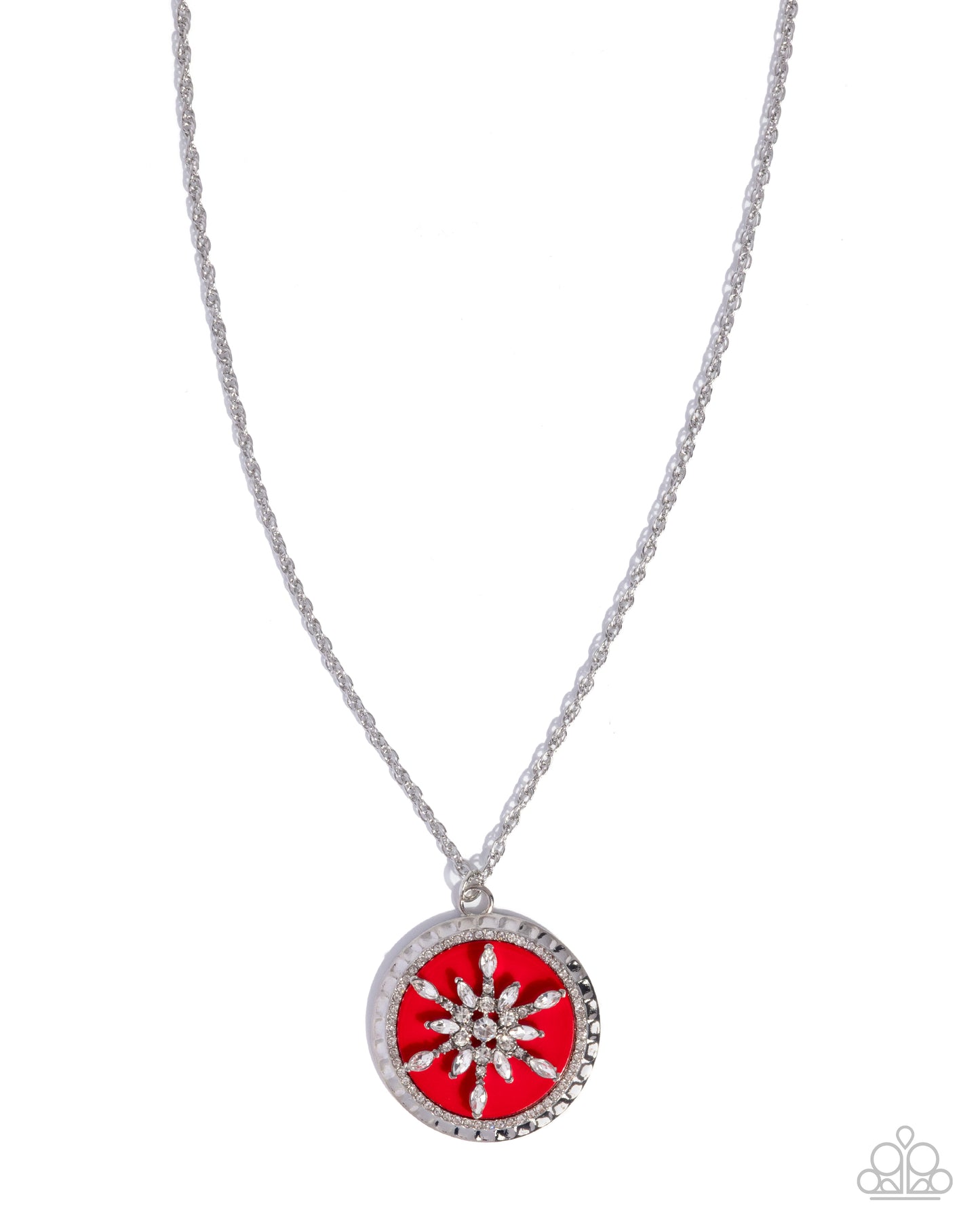 Necklace with a red pendant and silver chain on a white background
